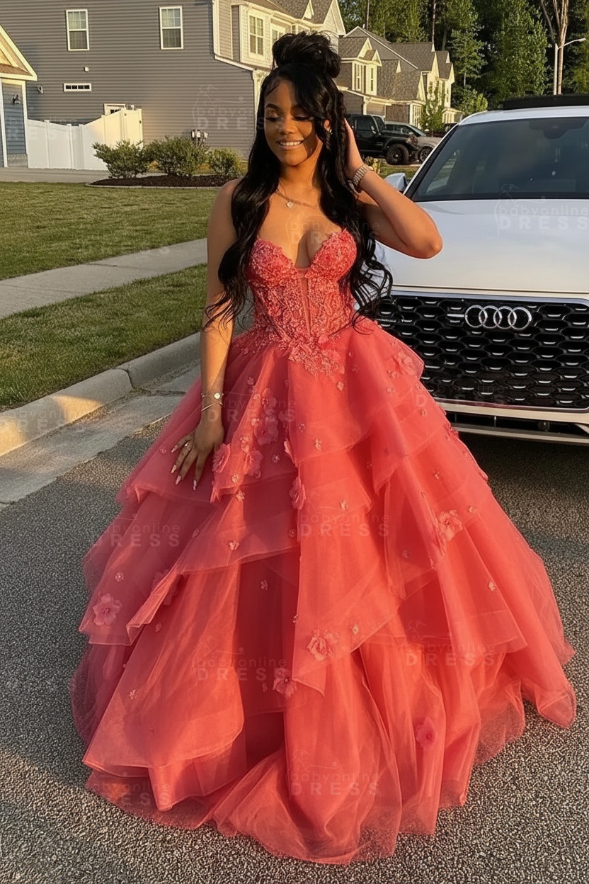 Sleeveless V-Neck Tulle Aline Prom Dress Floral Tiered Ruffles Corset Evening Dress