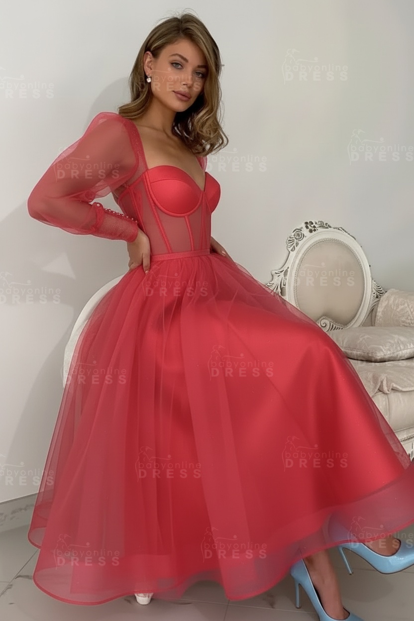 Long sleeves Pink See through Tulle Homecoming Dresses Aline