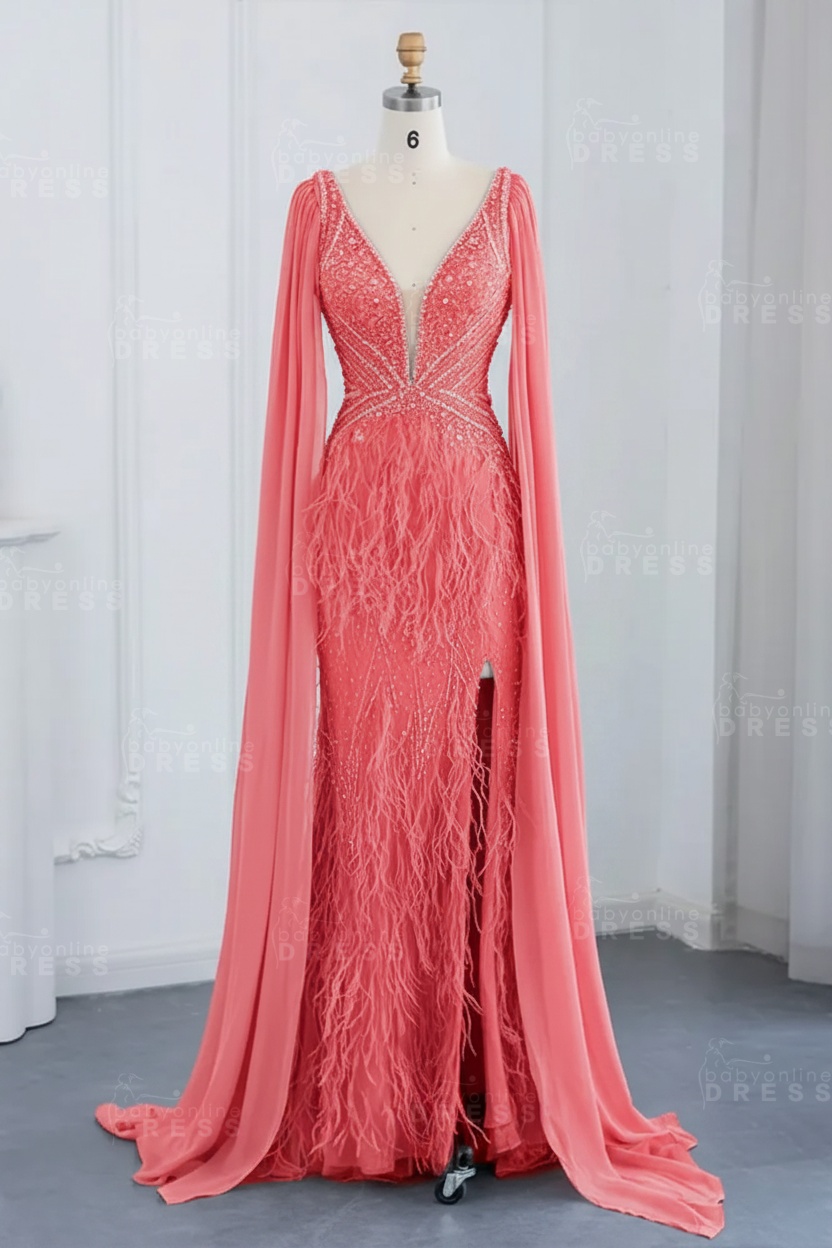 Glamorous V-Neck Fur Beadings Front Slit Mermaid Evening Gowns with Tulle with Cape Sleeves Wedding Party Dress