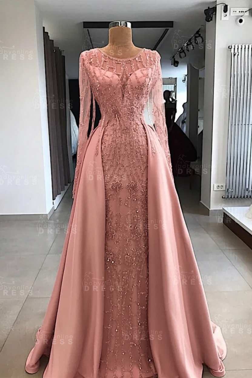 Shining Beaded Long Sleeves Round Neck Prom Dresses With Over Skirt | A Line Evening Gowns