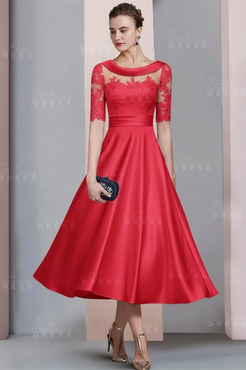 Elegant Ivory Jewel Lace Beading A-Line Tea Length Satin Wedding Guest Dress Formal Mother Dress