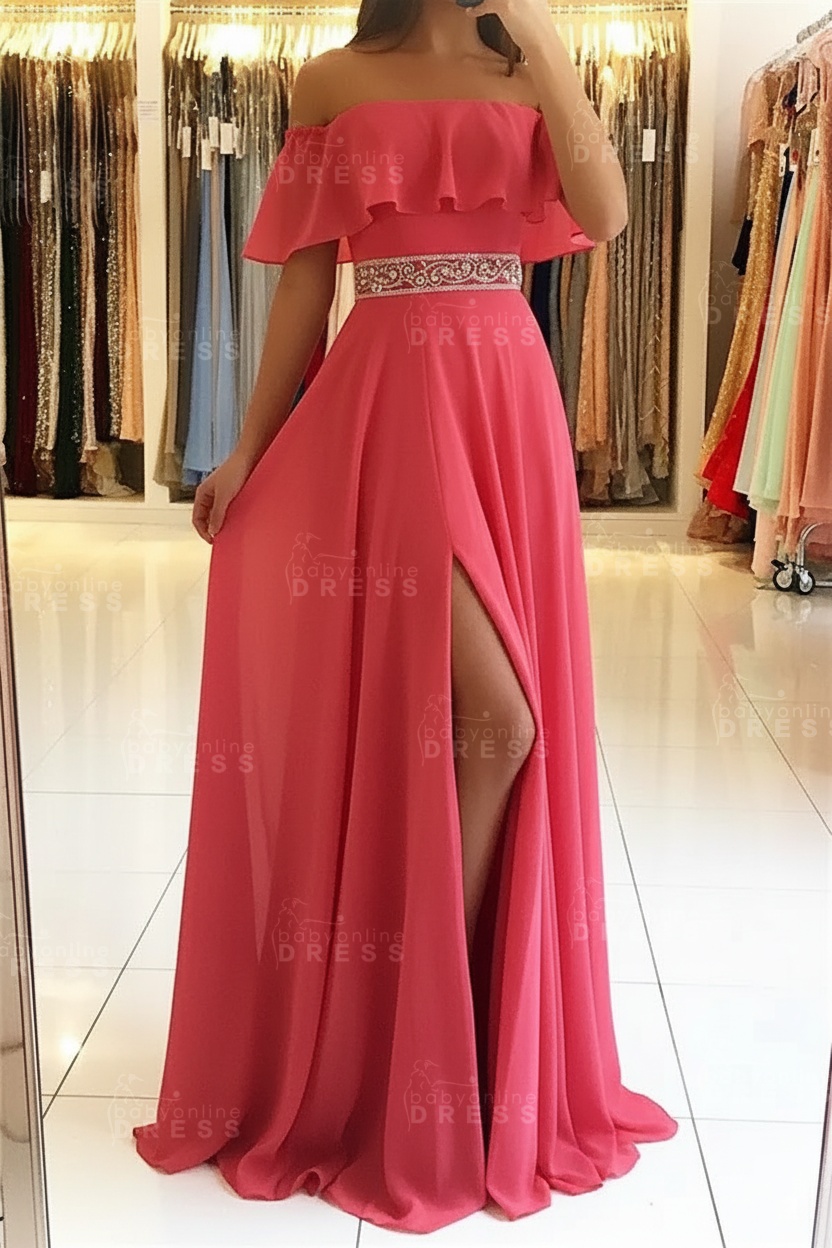 Sky Blue Off The Shoulder Evening Dresses Sexy | Chiffon Side Slit Prom Dress with Crystals Belt