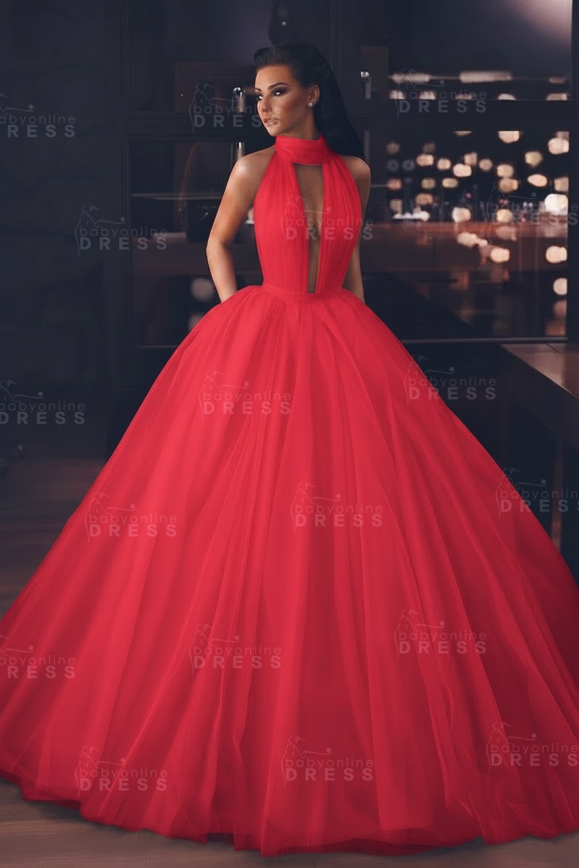 Sexy High-Neck Sleeveless Ball Gown Evening Dress with Pockets