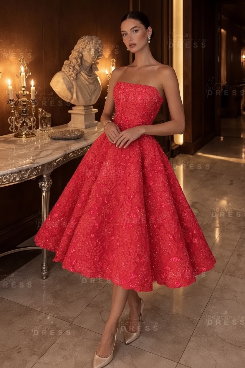 Strapless Yellow Floral A-Line Tea Length Prom Dress with Beadings