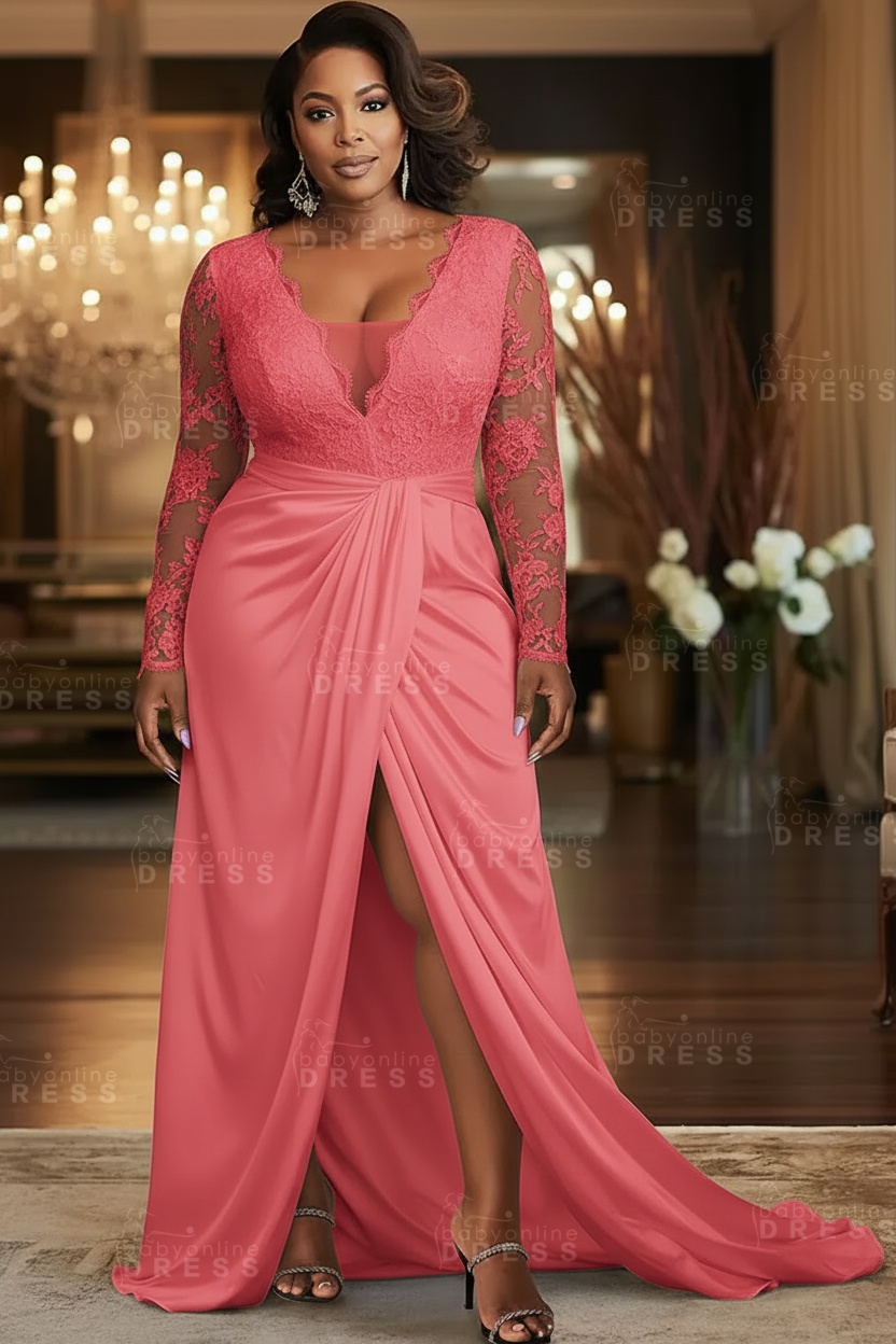 V-neck Appliques Lace Long Sleeve A-Line Prom Dresses with Slit