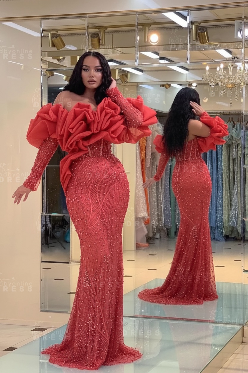 Bubble Sleeves Long Mermaid Prom Dress with Sequins and Beadings