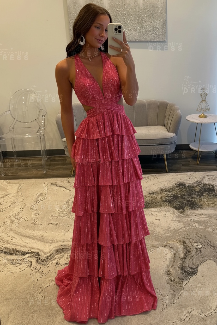Halter Aline Prom Dress Sequined V-Neck High Split Evening Dress Long