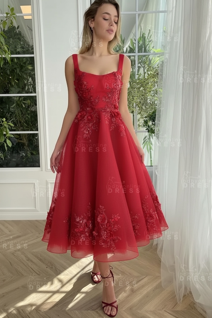 Burgundy Ankle length square neck Homecoming Dress Tulle Aline Formal Dress