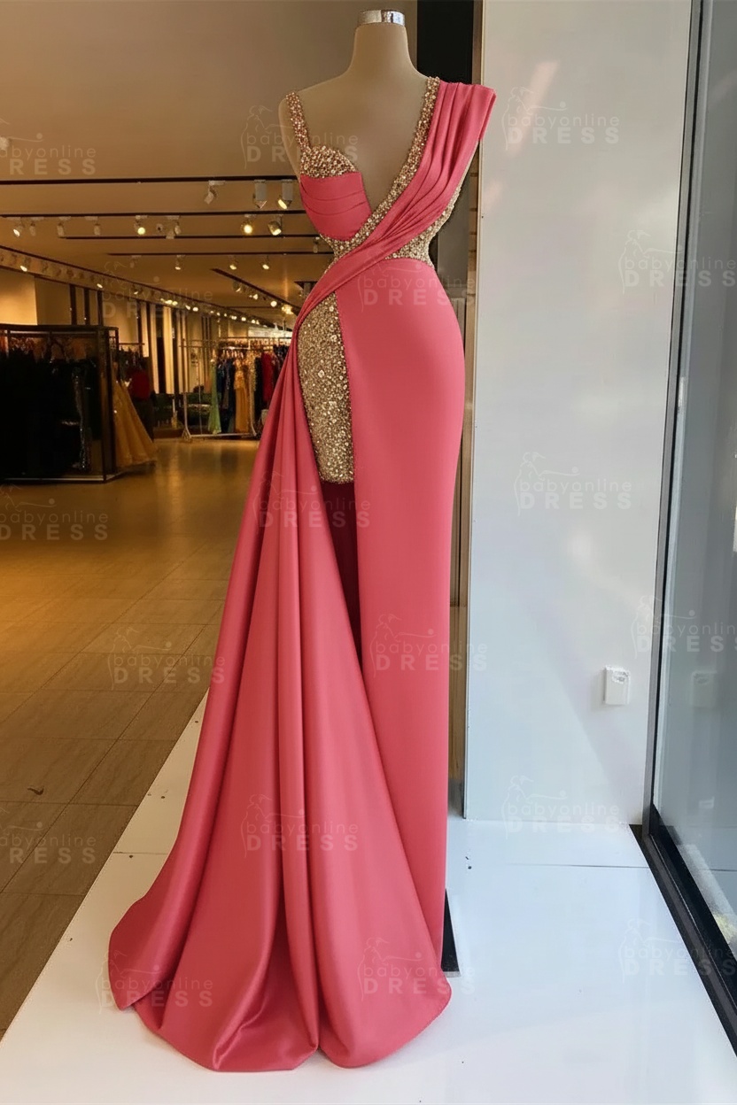 Luxury Satin Prom Dress Sleeveless with Sequins Sleeveless Evening Gown
