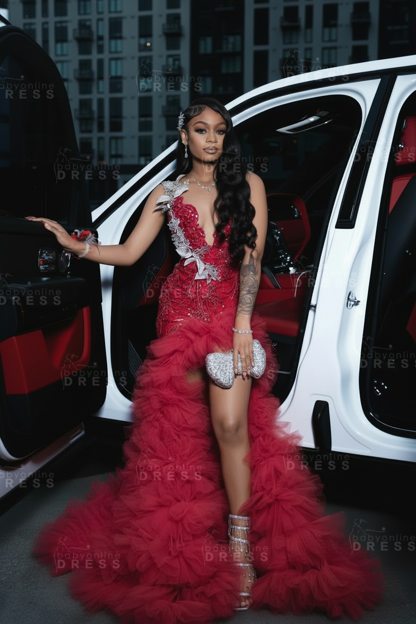 Stunning Red Mermaid Prom Dress with Beadings High Split Party Dress