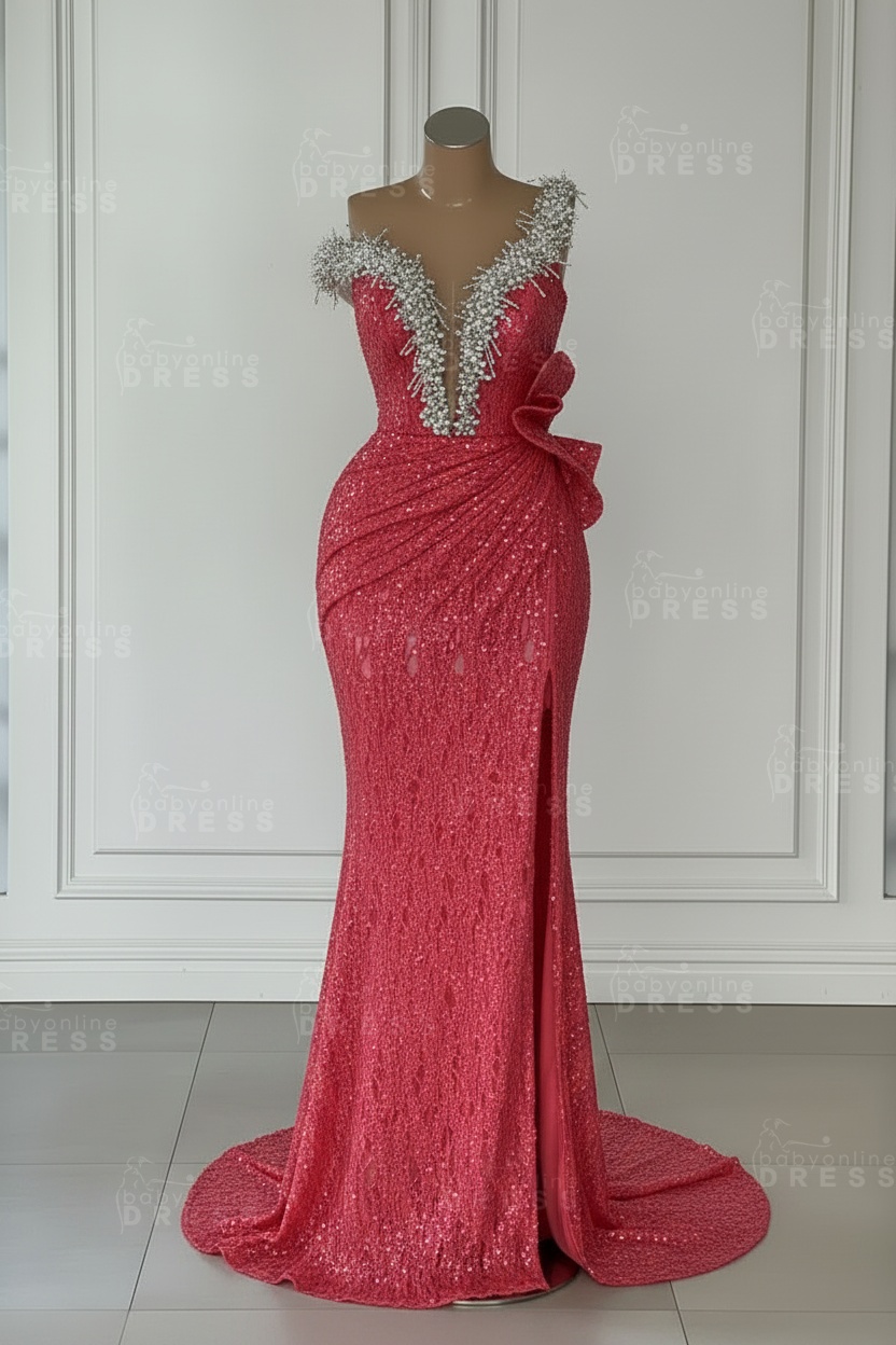 One Shoulder Sequins Sleeveless Long Mermaid Prom Dress