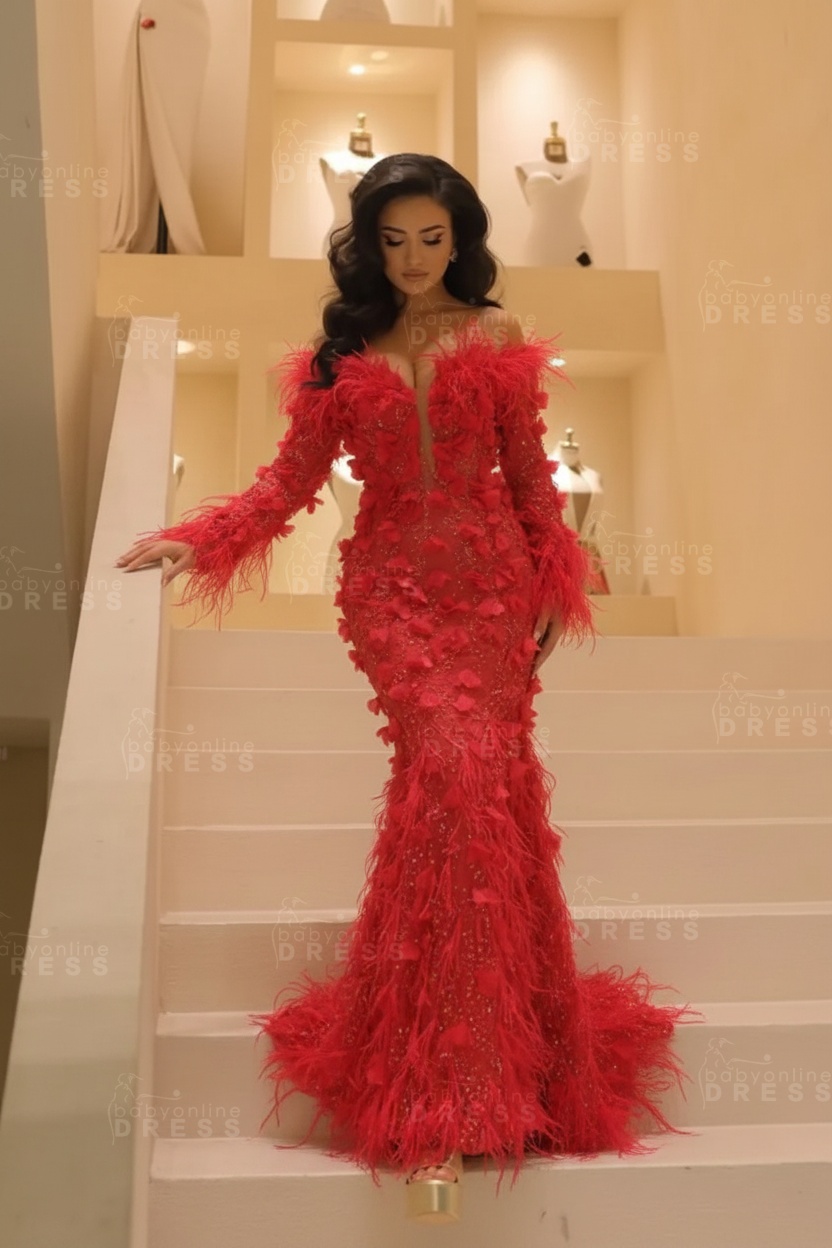V-neck Long Sleeves Mermaid Evening Dresses Floor Length with Flowers