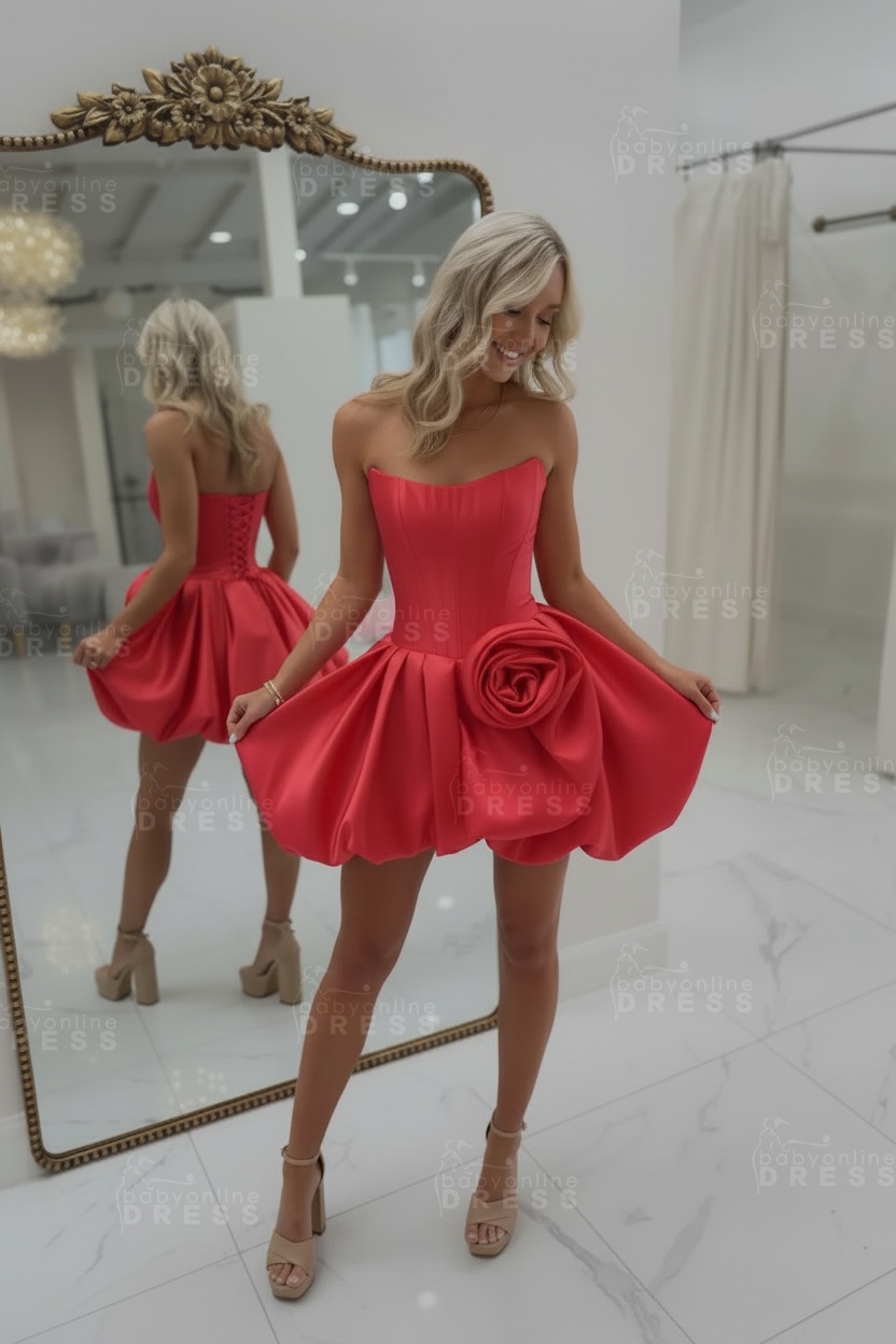 Strapless Satin Corset Short A-Line Homecoming Dress with Flowers