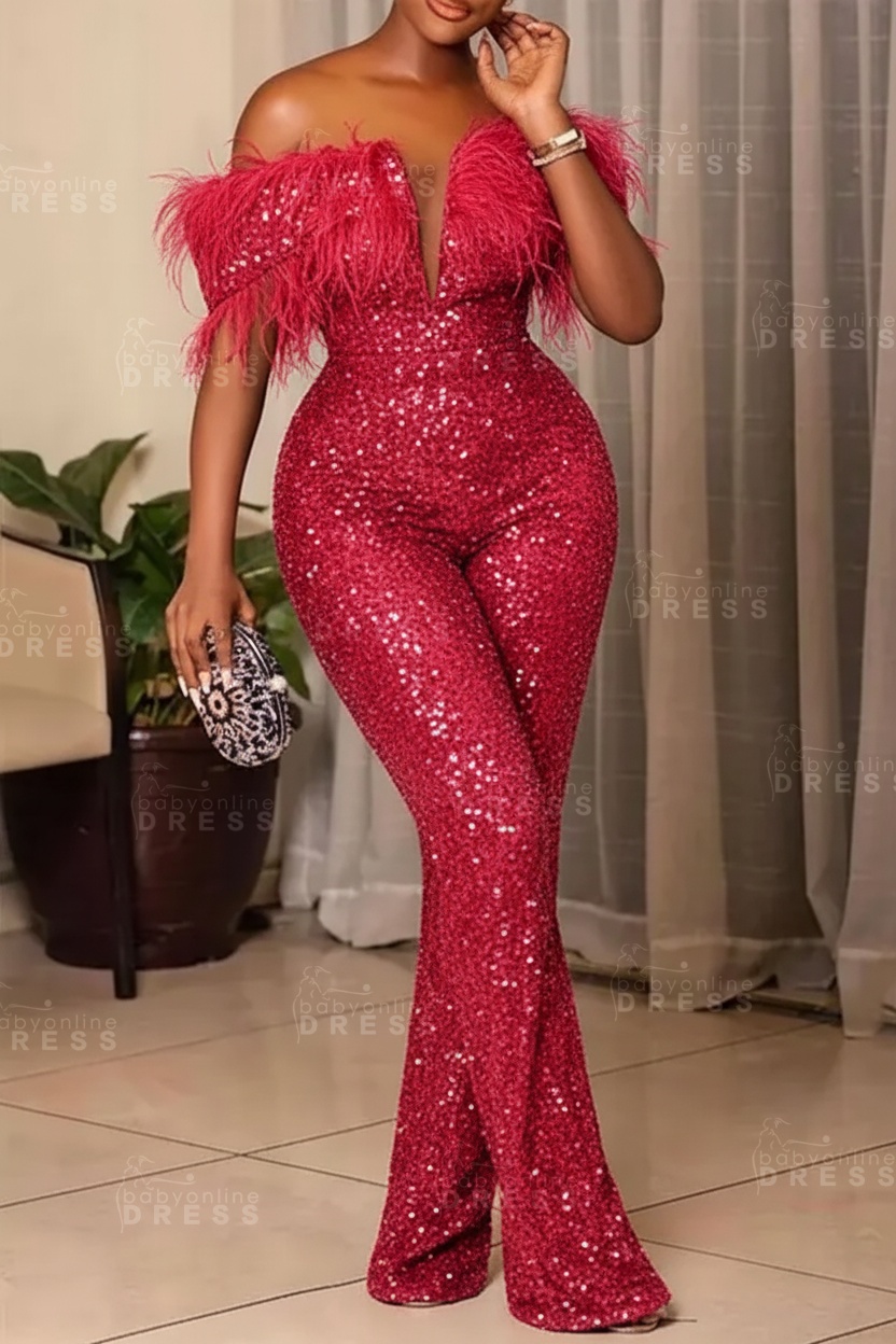 Plus Size Off Shoulder Sequin Women Jumpsuit Black Long Party Jumpsuits