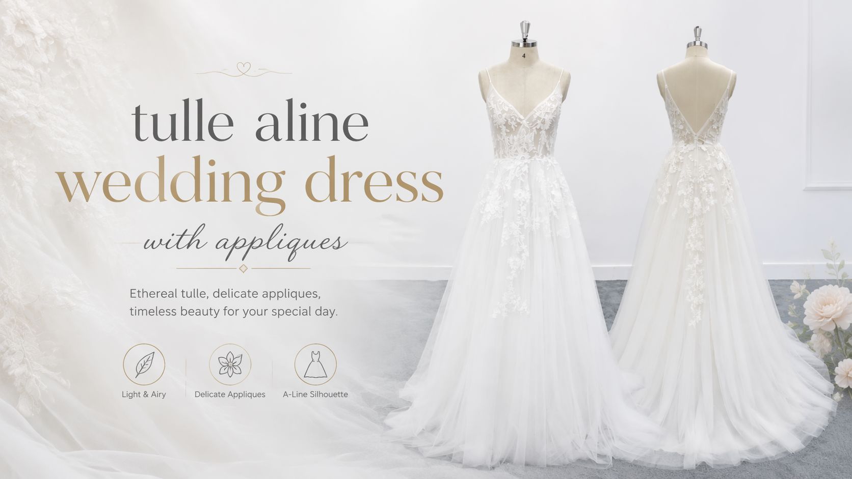 tulle appliques wedding dress aline