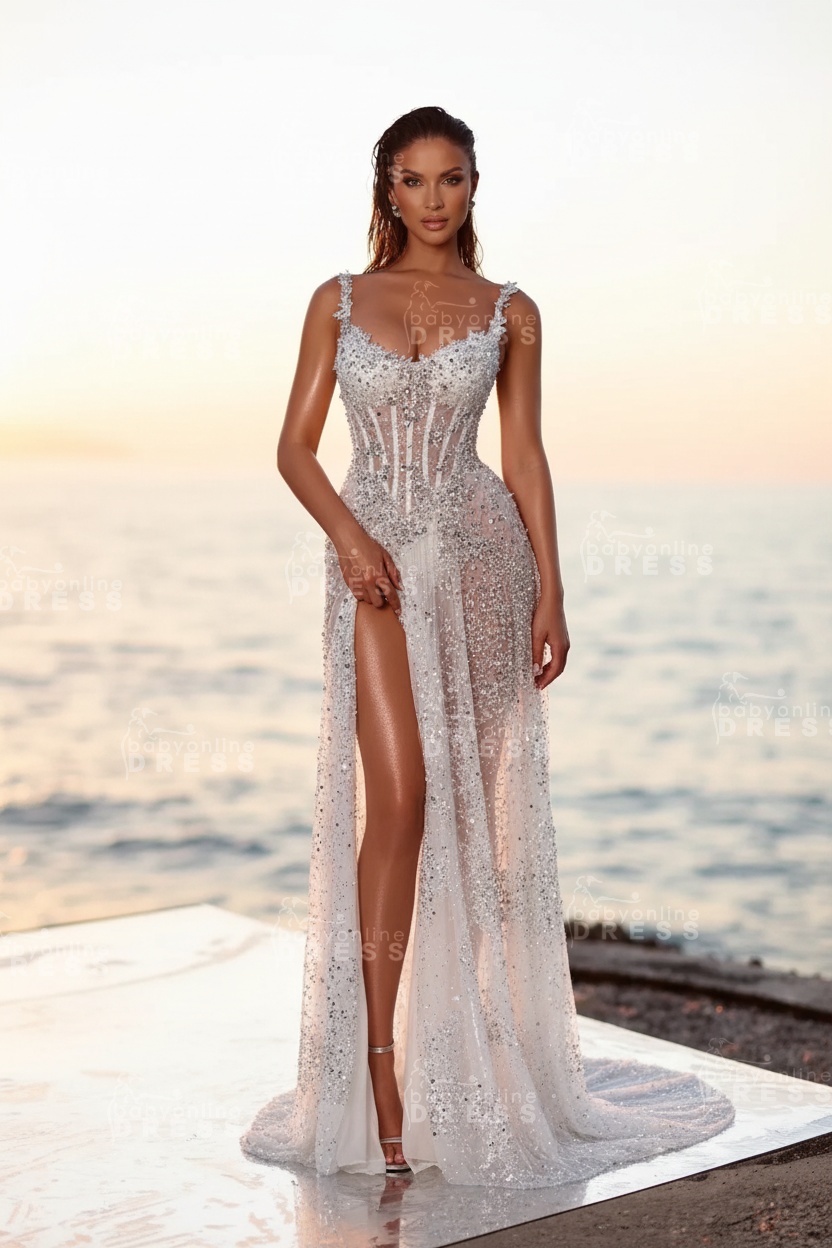 Sweetheart Silver Mermaid High Split Floor length Prom Dresses with Beadings