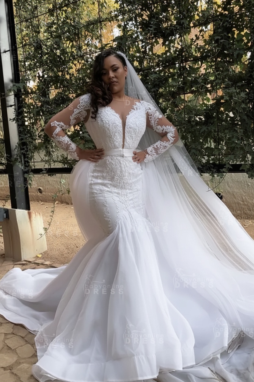 White Long sleeves Plus size Mermaid Belt Wedding Dresses