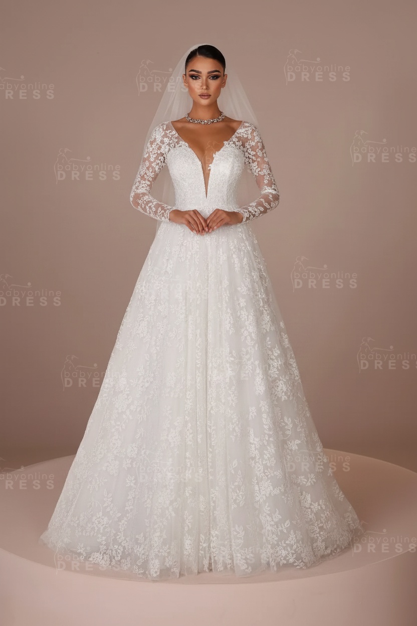  V-neck Tulle Appliques Lace A-Line Wedding Dresses Long Sleeves