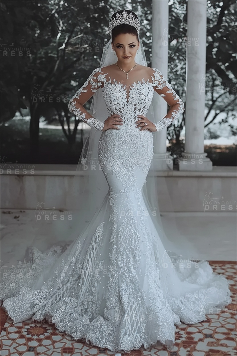 Luxury Beaded Lace Mermaid Wedding Dresses with Sleeves | Sheer Tulle Appliques Bride Dresses