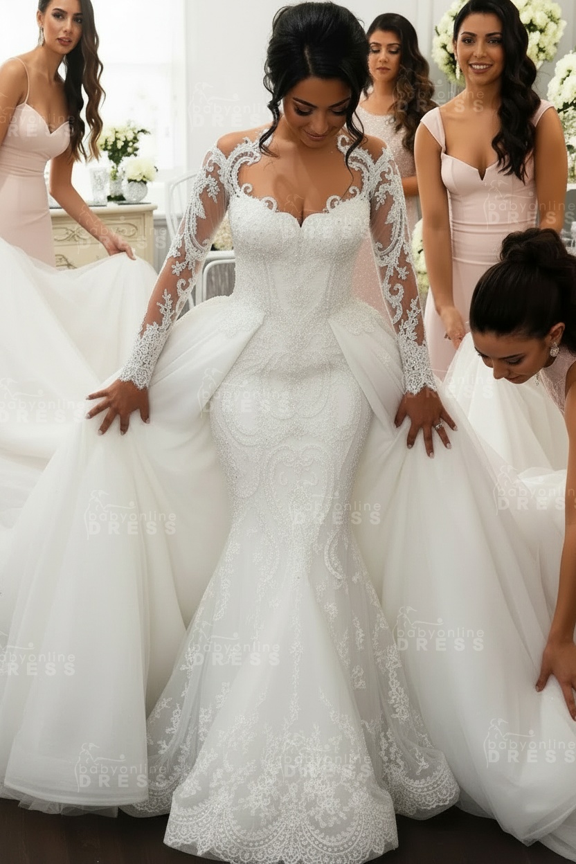 Gorgeous Long Sleeves Sheath Wedding Dresses | Lace Appliques Bridal Gowns with Detachable Train