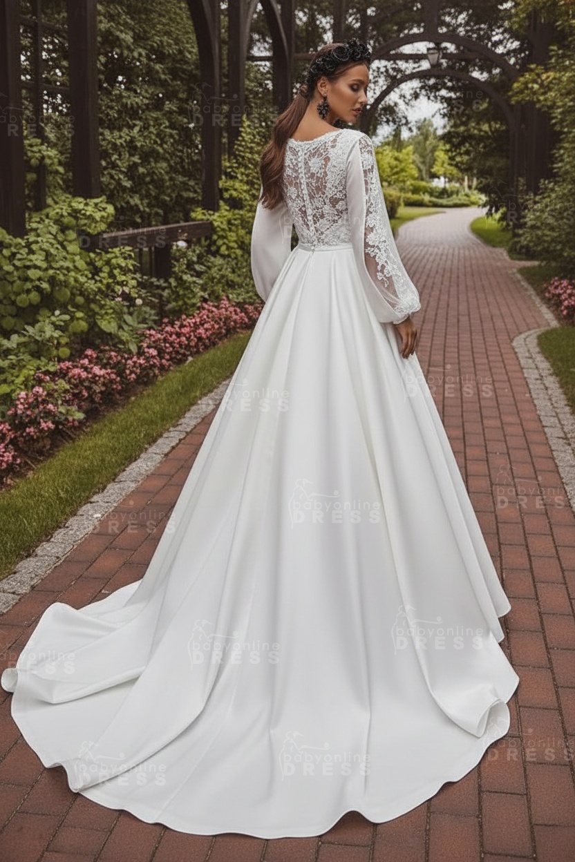 Deluxe Floor-Length Jewel Neck Long Sleeves A-Line Satin Wedding Dresses