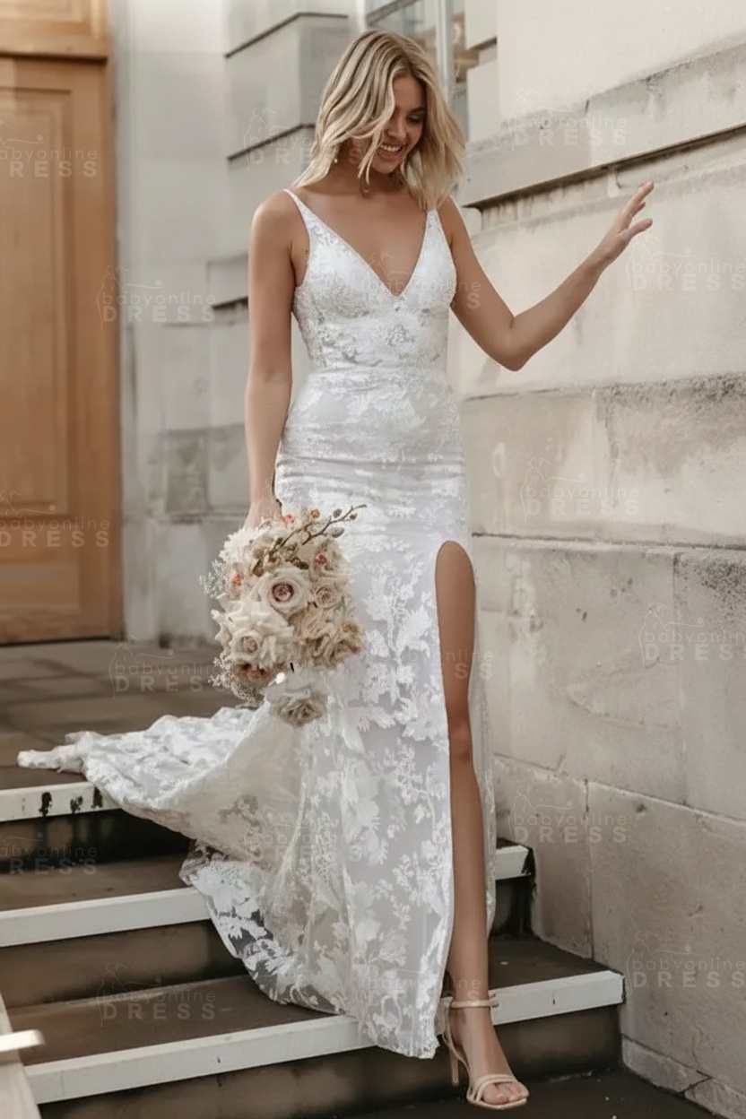Chic Floral Lace Mermaid Wedding Dress Sleeveless V-Neck Side Slit Bridal Dress