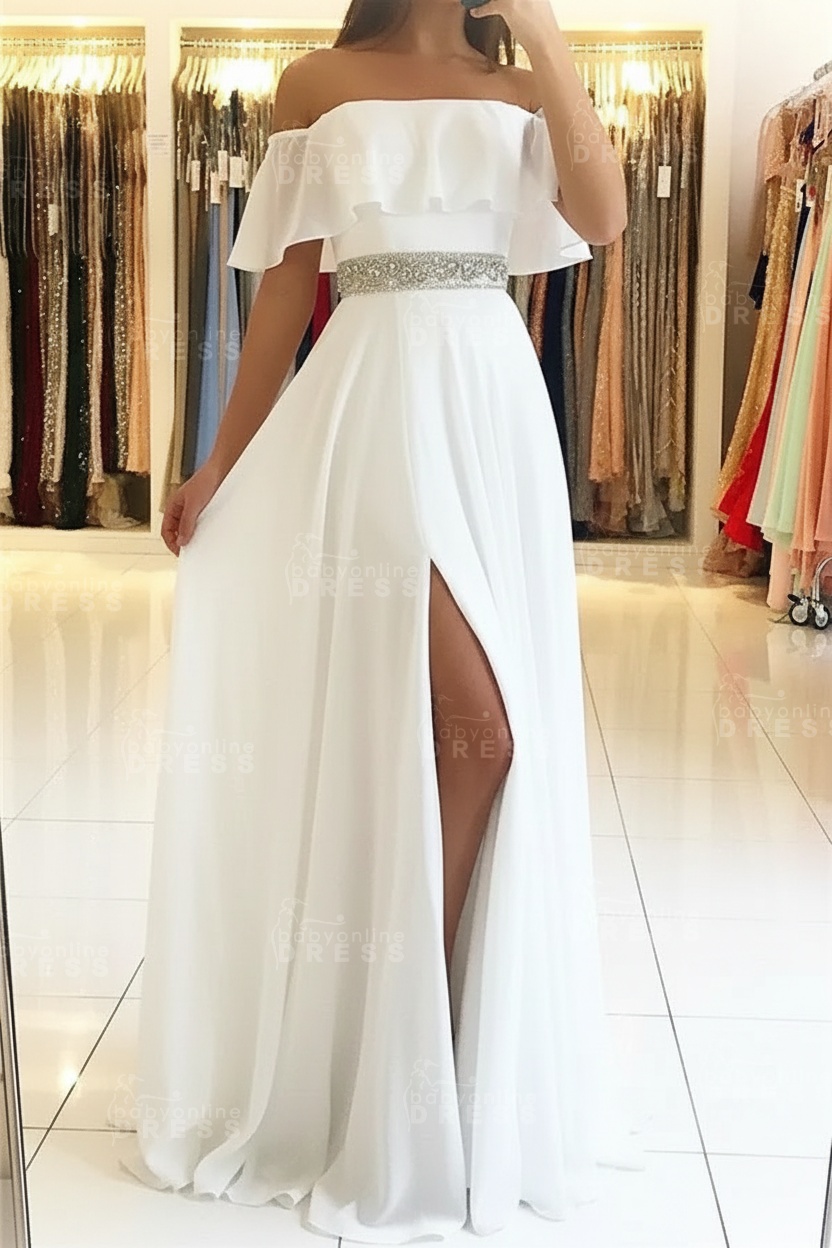 Sky Blue Off The Shoulder Evening Dresses Sexy | Chiffon Side Slit Prom Dress with Crystals Belt