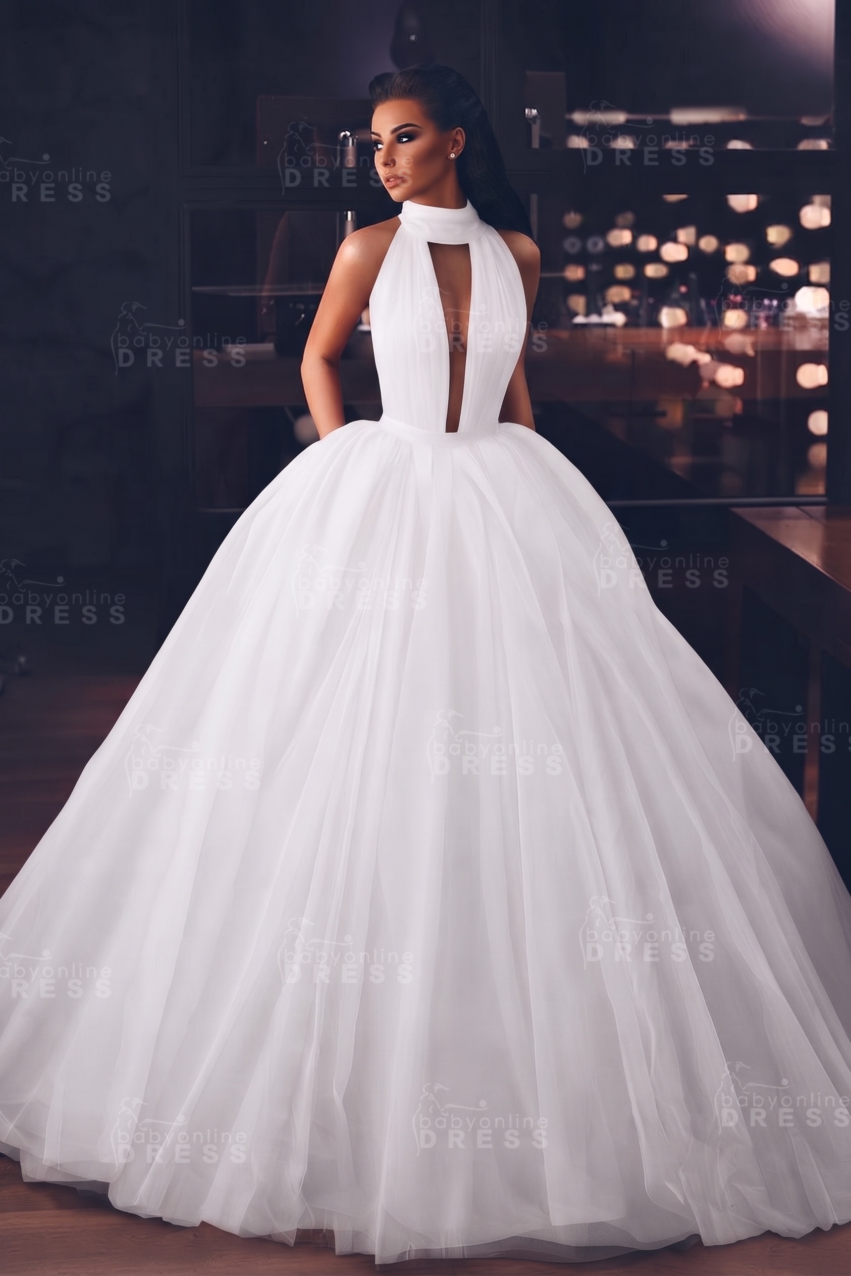 Sexy High-Neck Sleeveless Ball Gown Evening Dress with Pockets