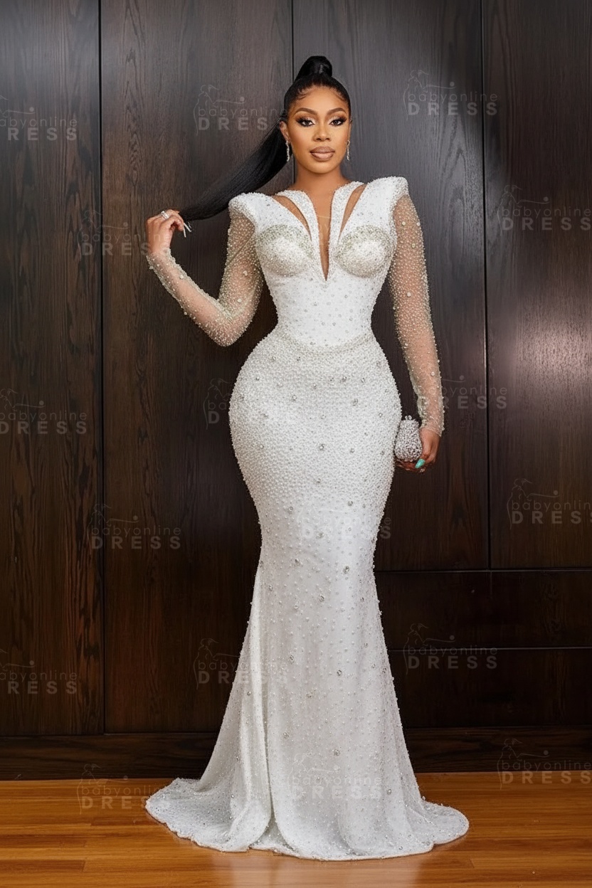 Green V-Neck Beadings Long Sleeves Floor-Length Mermaid Prom Dress