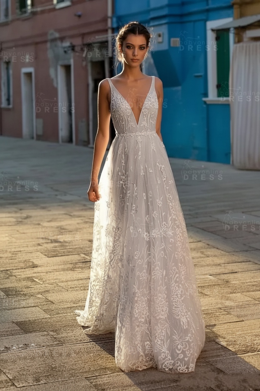Chic Champagne V-neck Sleeveless Long Lace High waist Wedding Dress