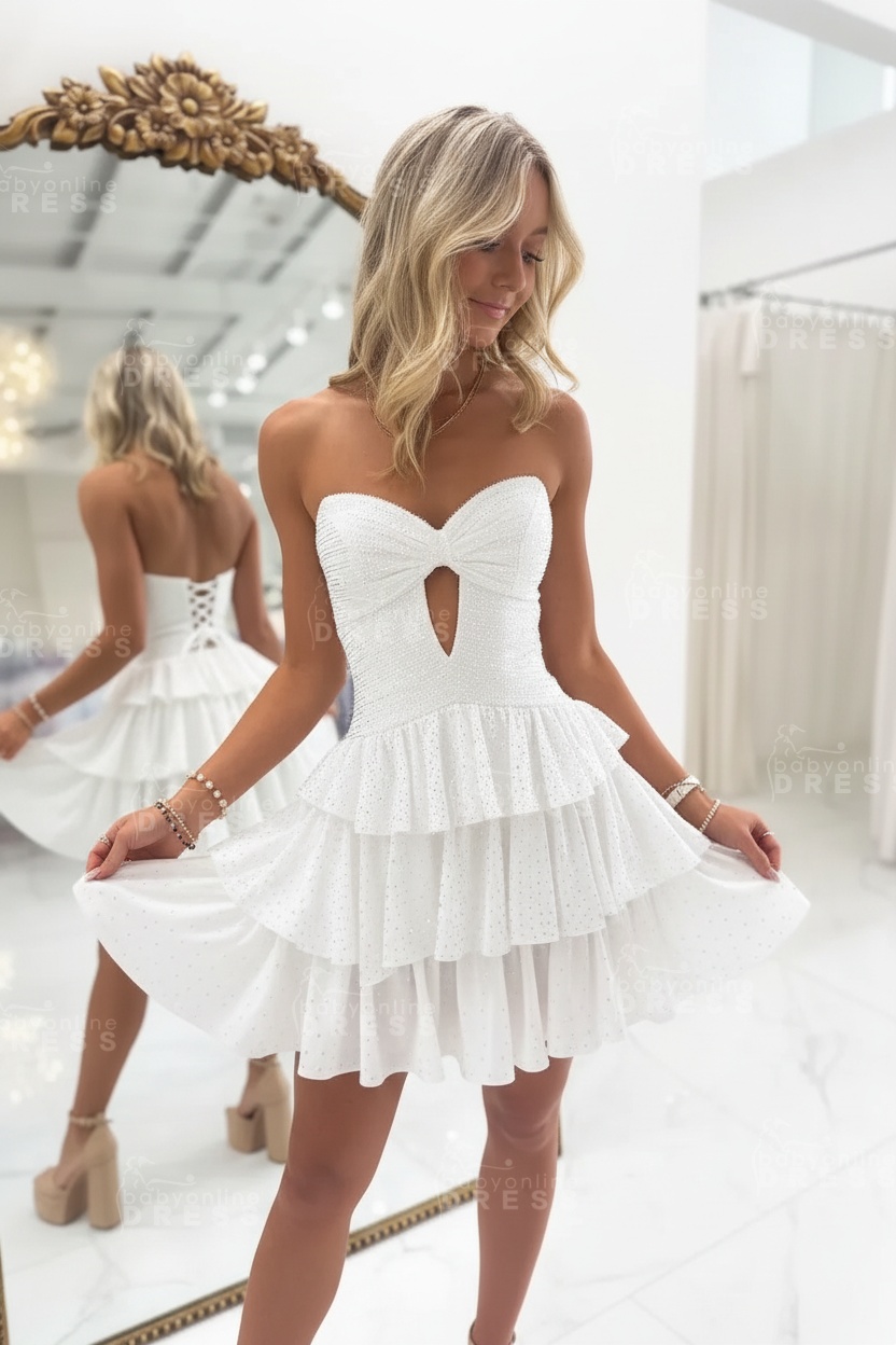 Black Sweetheart Rhinestone Bow Cutout A-Line Tiered Mini Homecoming Dress