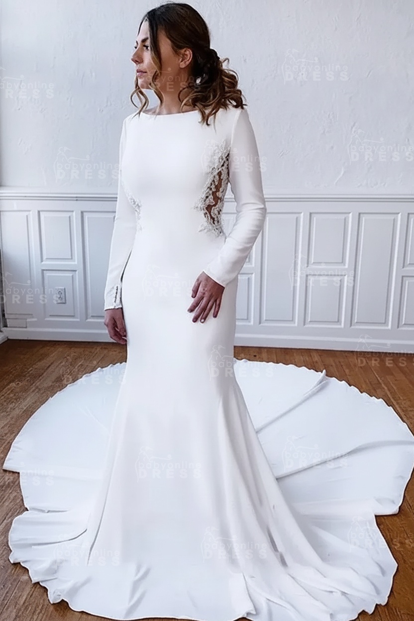Elegant White Long Sleeves Satin Floor Length Wedding Dress with Lace Appliques