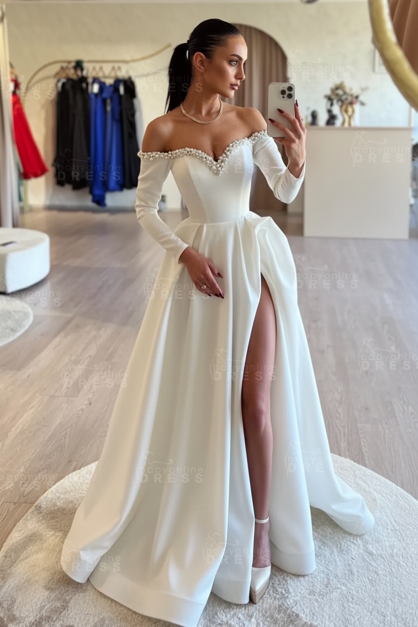 Long sleeves Pearls A-line Princess Front Split Black Prom Dresses