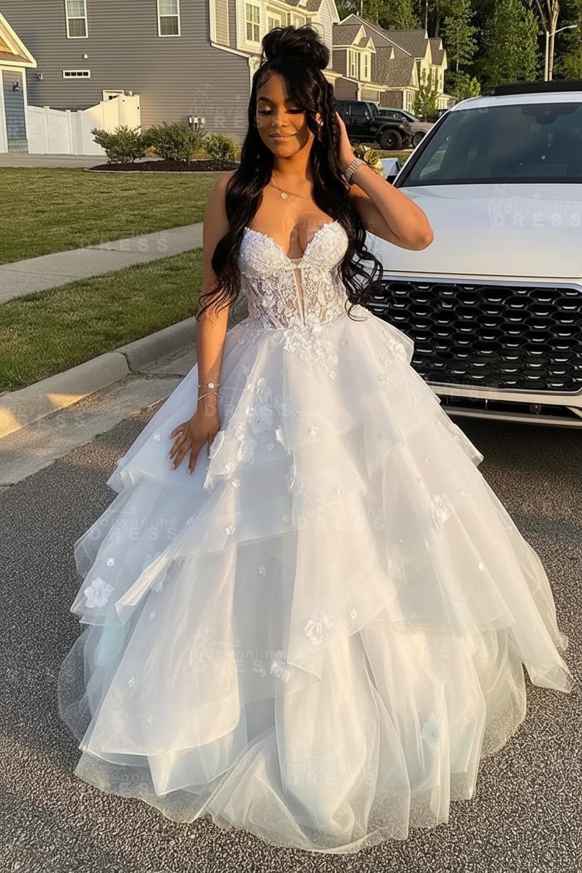 Sleeveless V-Neck Tulle Aline Prom Dress Floral Tiered Ruffles Corset Evening Dress