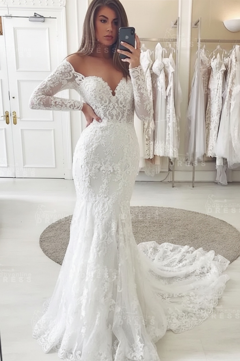 Charming Lace Appliques Mermaid Wedding Gown Long Sleeve Sweetheart Bridal Dress