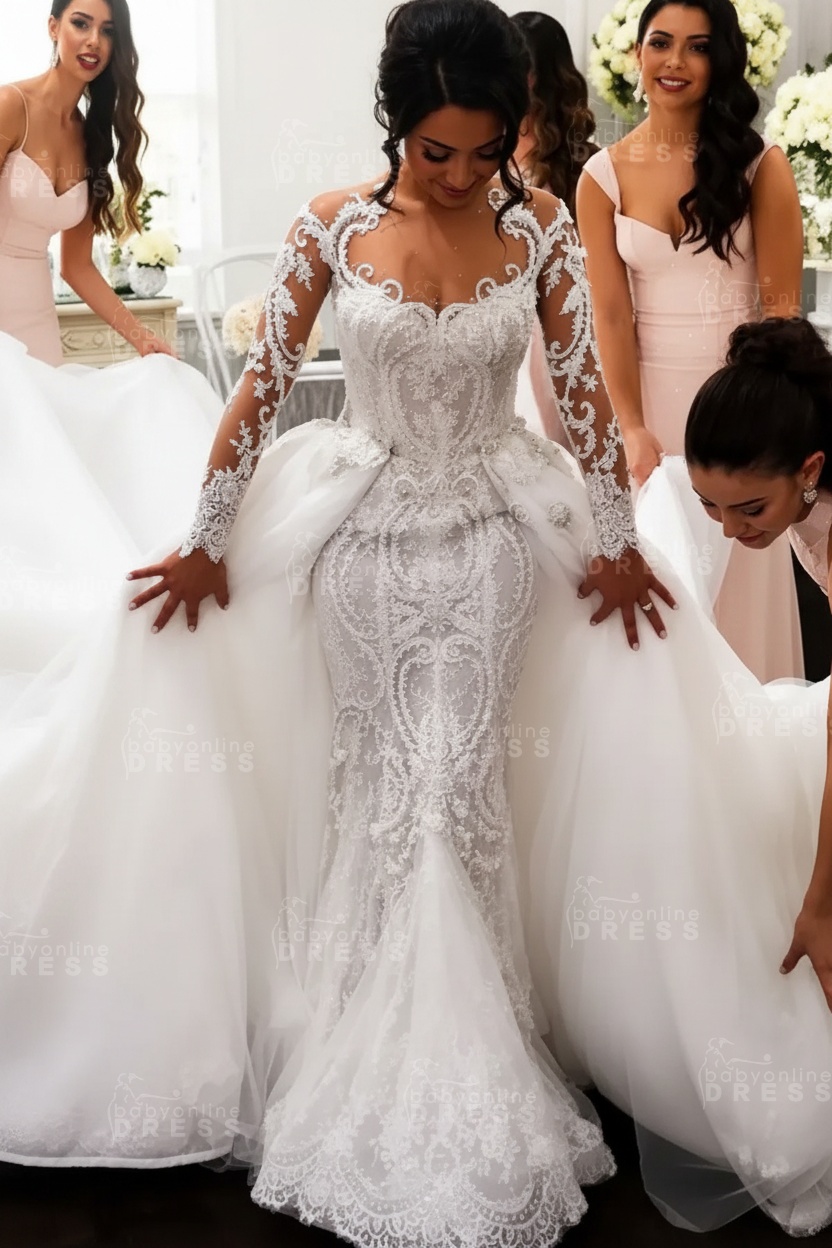 Gorgeous Long Sleeves Sheath Wedding Dresses | Lace Appliques Bridal Gowns with Detachable Train