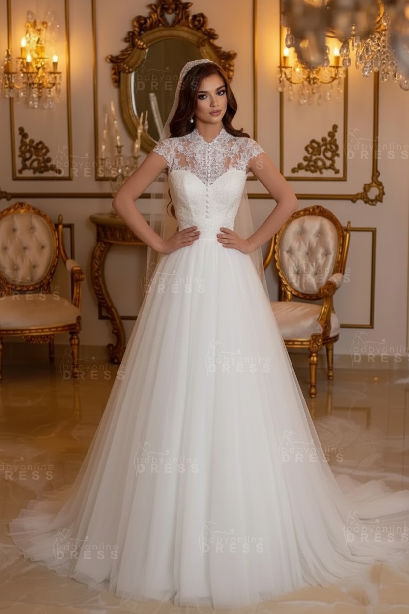 Cap Sleeves High Neck Tulle Long Lace A-line Wedding Dress 