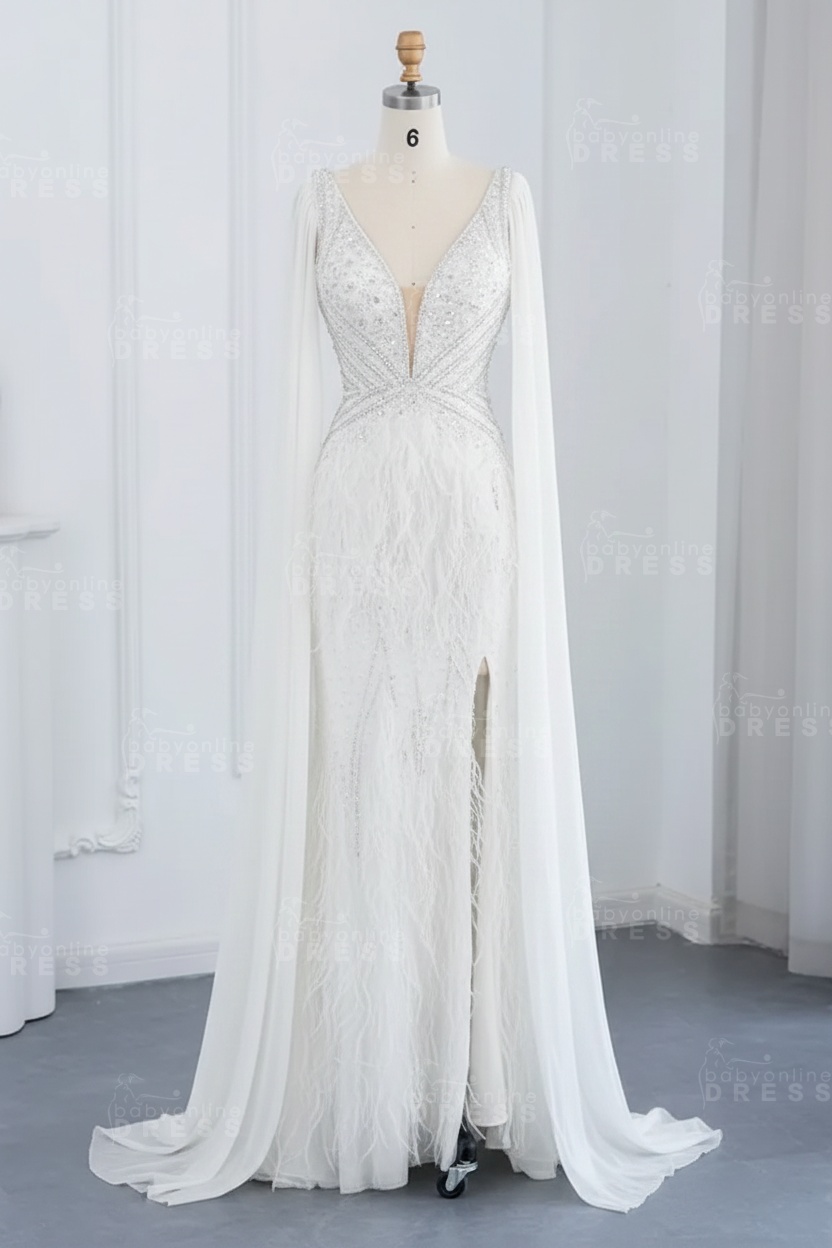 Glamorous V-Neck Fur Beadings Front Slit Mermaid Evening Gowns with Tulle with Cape Sleeves Wedding Party Dress