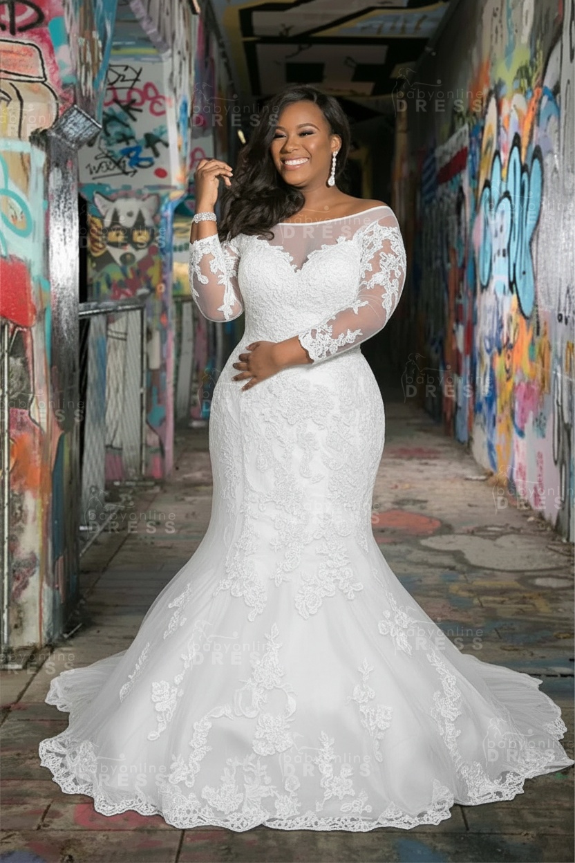 Long sleeves V-neck Plus size Mermaid Bridal gowns for Wedding