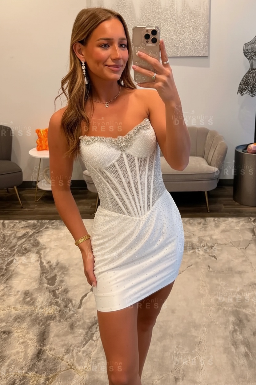 Glamorous Strapless Beaded Corset Mini Homecoming Dress with Rhinestone Detailing