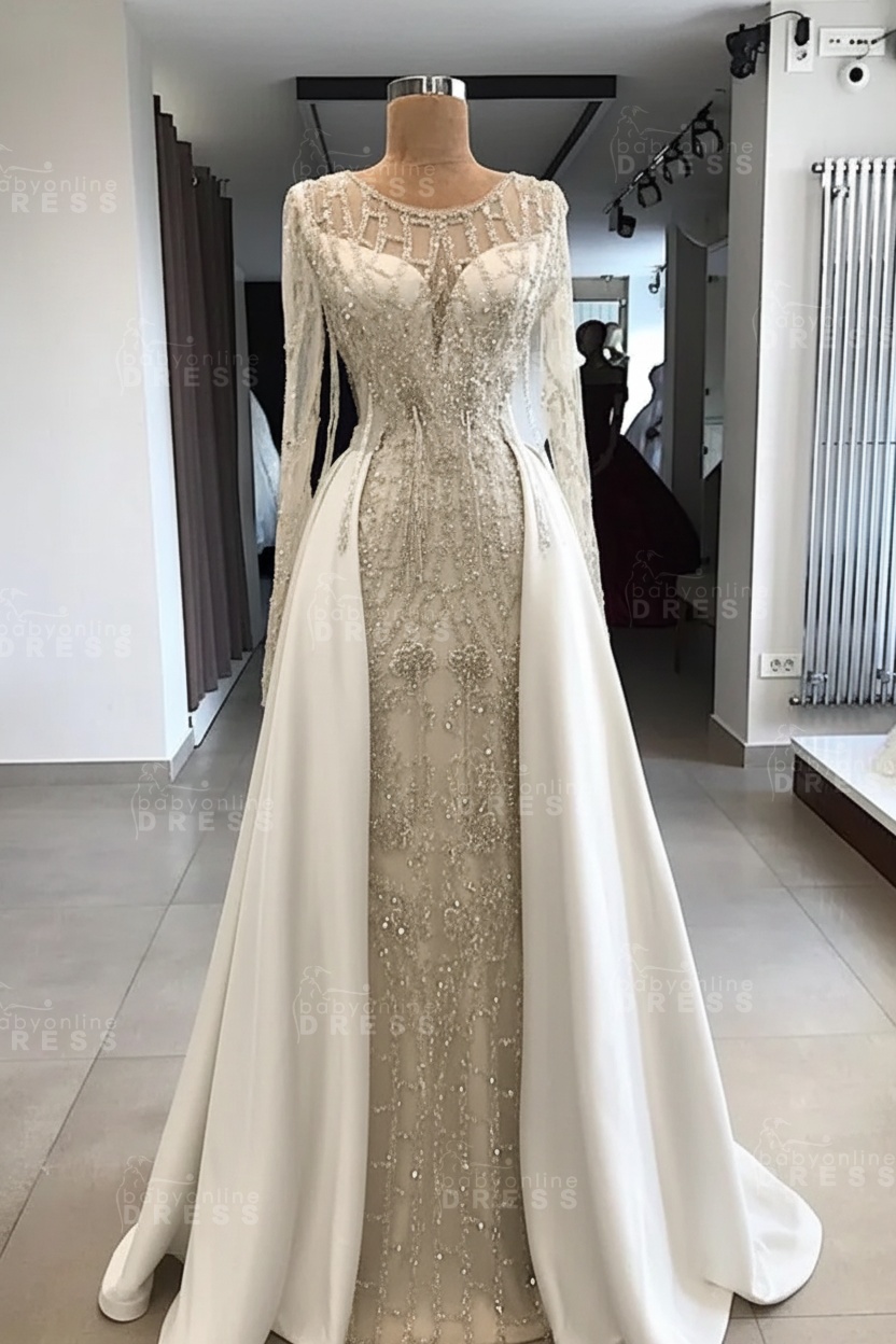 Shining Beaded Long Sleeves Round Neck Prom Dresses With Over Skirt | A Line Evening Gowns
