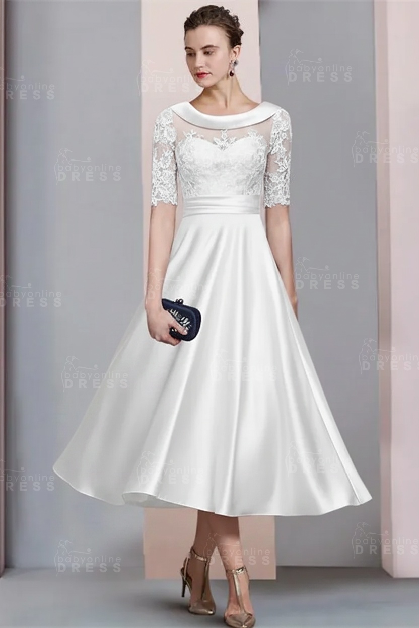Elegant Ivory Jewel Lace Beading A-Line Tea Length Satin Wedding Guest Dress Formal Mother Dress