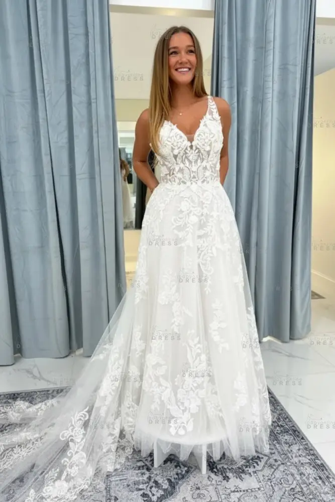 Elegant Sleeveless V-Neck Tulle Aline Wedding Dress with Lace Appliques