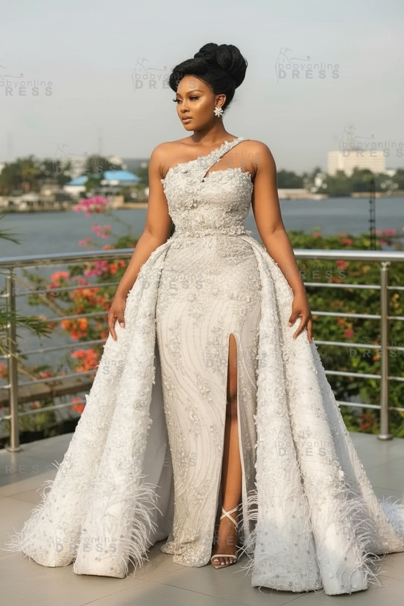 One-Shoulder Lace Appliques Mermaid Wedding Dress with Feathers