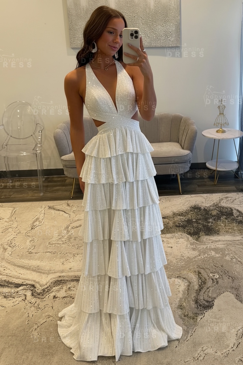 Halter Aline Prom Dress Sequined V-Neck High Split Evening Dress Long