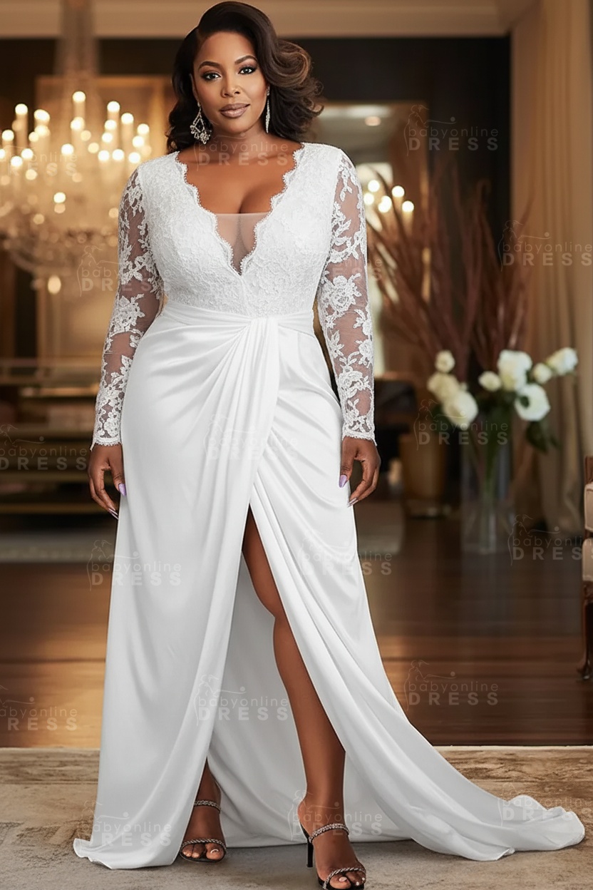 V-neck Appliques Lace Long Sleeve A-Line Prom Dresses with Slit
