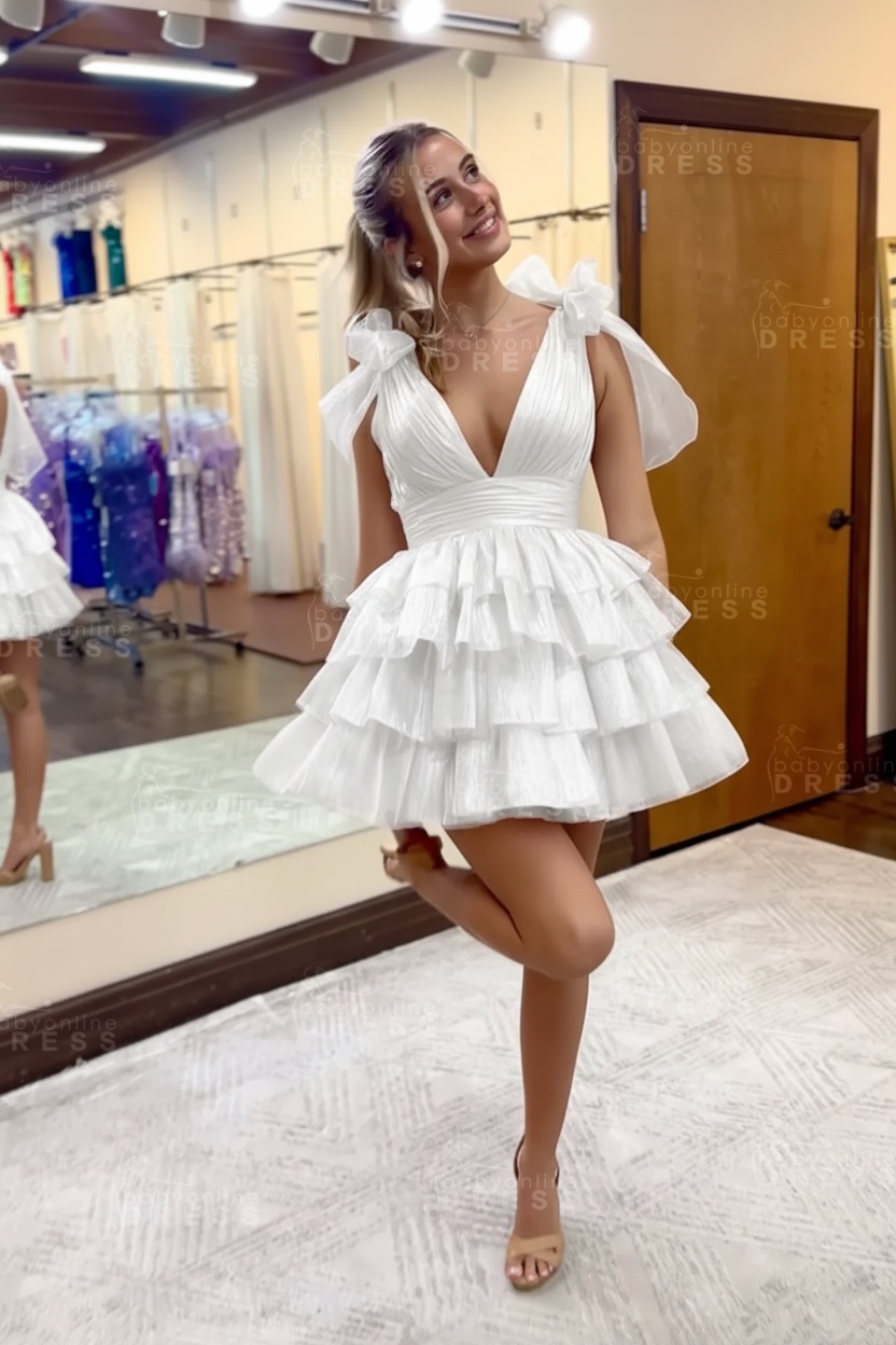Fuchsia V-Neck Straps Ruffled A-Line Short Homecoming Dress