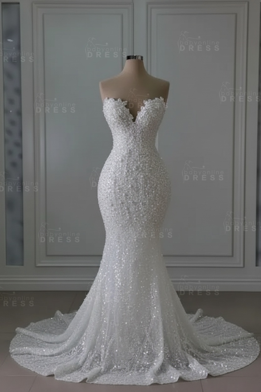 Gourgeous Sweetheart Sequins Mermaid Wedding Dress Sleeveless Beadings Bridal Gown