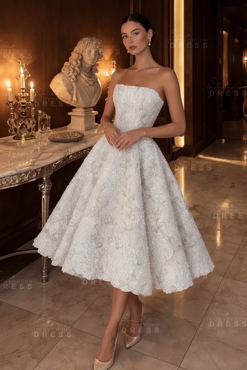 Strapless Yellow Floral A-Line Tea Length Prom Dress with Beadings