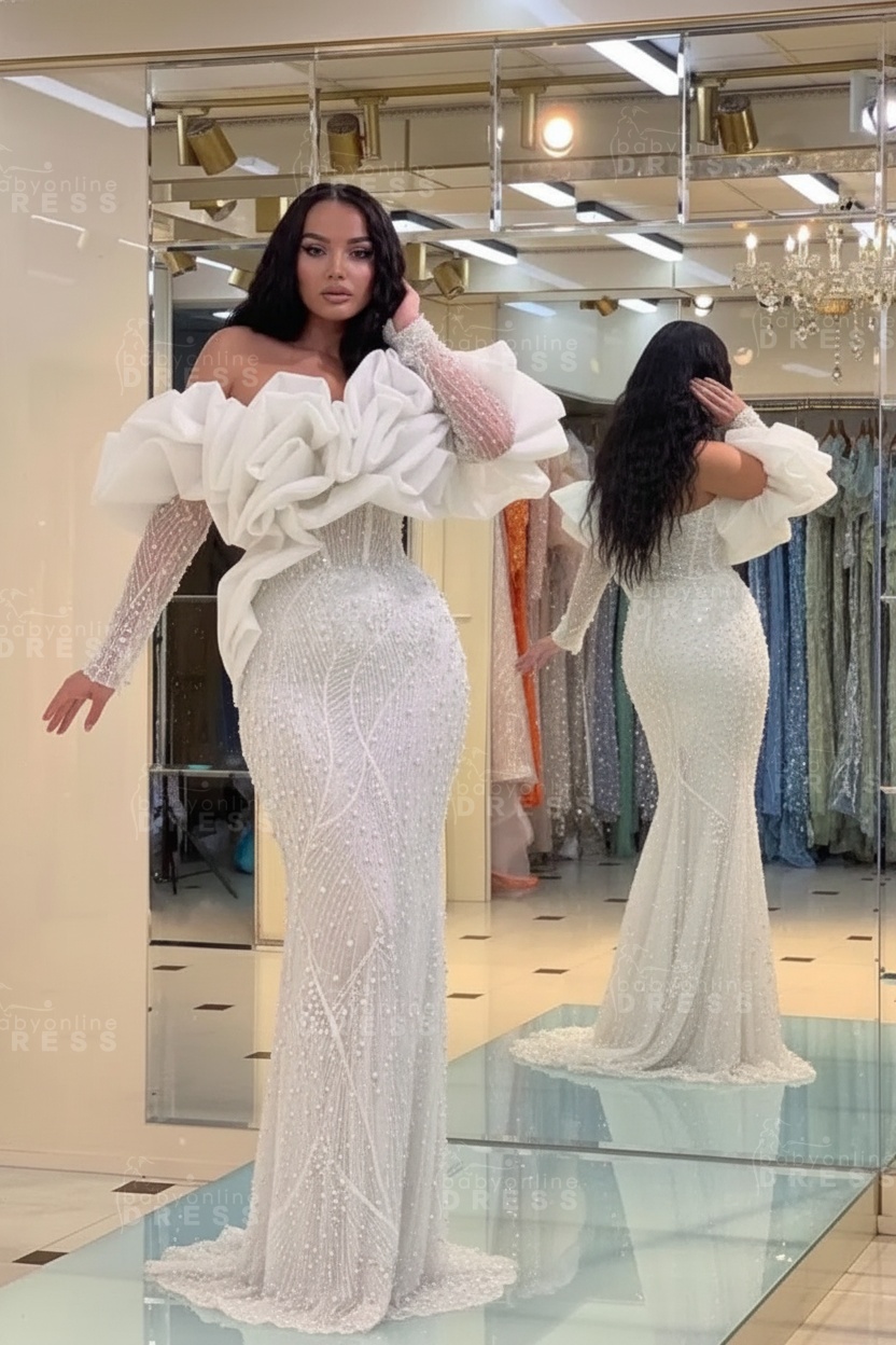Bubble Sleeves Long Mermaid Prom Dress with Sequins and Beadings
